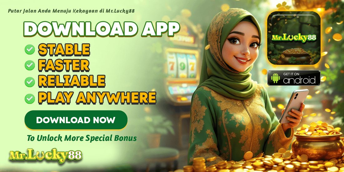 Green banner promoting the MrLucky88 app download for Android with woman holding a phone - mrlucky-88.my