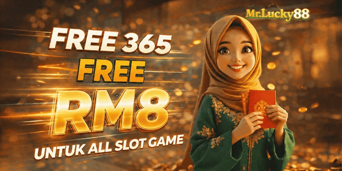 Gold banner announcing the Free 365 daily slot credit with woman in hijab holding red packets - mrlucky-88.my