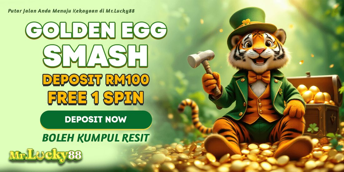 MrLucky88 green banner with tiger in green top hat holding mallet beside golden eggs - mrlucky-88.my