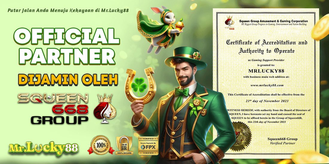 Green banner showing the Squeen668 Group accreditation certificate held beside a man in a green suit - mrlucky-88.my