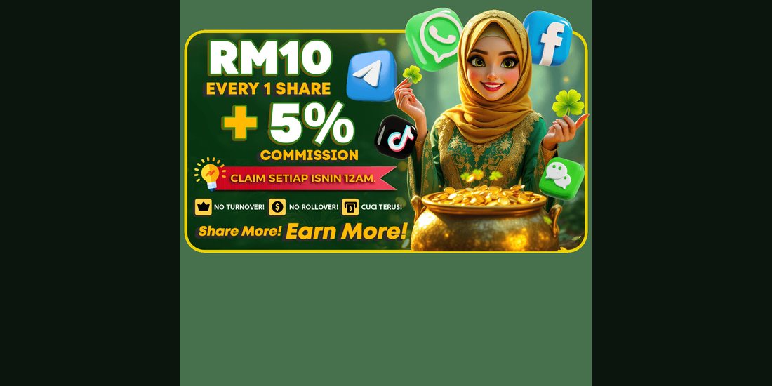Dark green banner showing the share bonus reward with social app icons and a gold pot - mrlucky-88.my