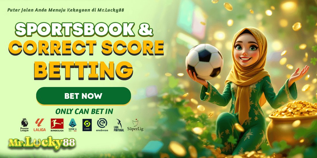 Green banner featuring woman holding football and coins for MrLucky88 sportsbook betting section - mrlucky-88.my