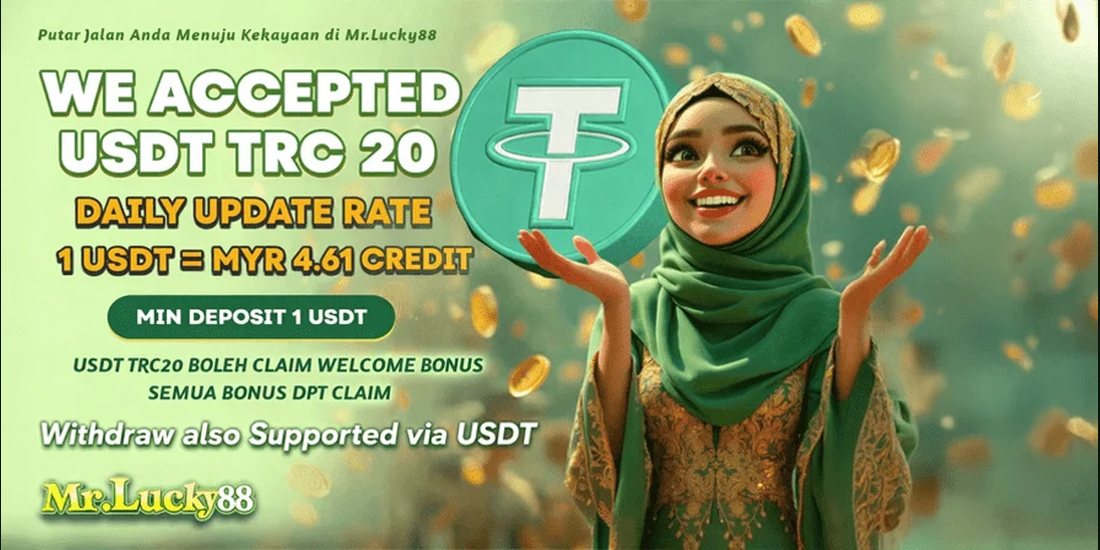 Green banner confirming USDT TRC20 deposits with tether coin and woman in hijab - mrlucky-88.my