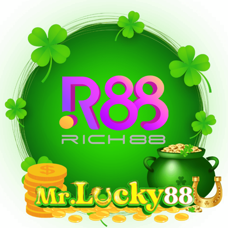 Rich88 developer logo detailing diverse table games and interactive slot reels on MrLucky88 - mrlucky-88.my